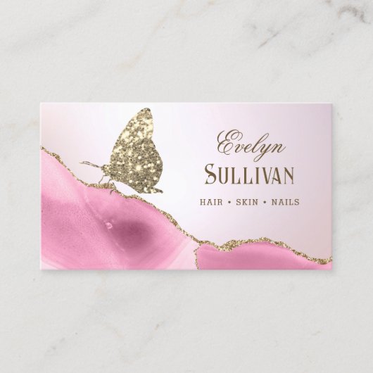 Gold Glitter Butterfly Pink Agaat Visitekaartje (Voorkant)