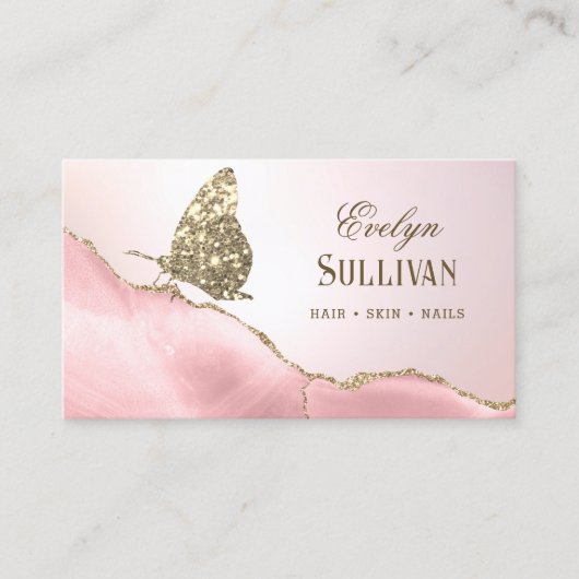 Gold Glitter Butterfly Pink Blush Agaat Visitekaartje (Voorkant)