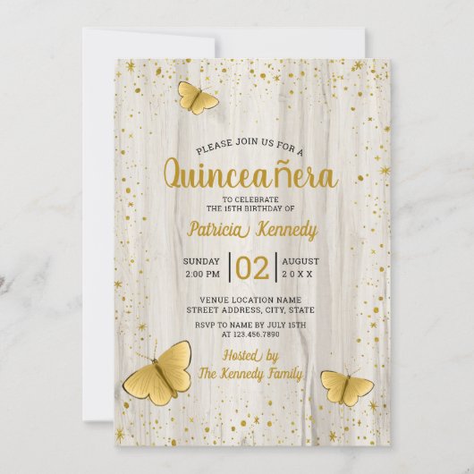 Gold Glitter Butterfly Rustic Wood Quinceanera Kaart (Voorkant)