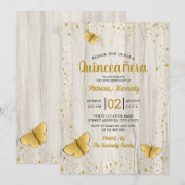 Gold Glitter Butterfly Rustic Wood Quinceanera Kaart (Voorkant / Achterkant)