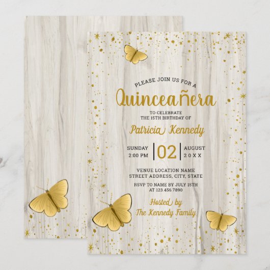 Gold Glitter Butterfly Rustic Wood Quinceanera Kaart (Voorkant / Achterkant)