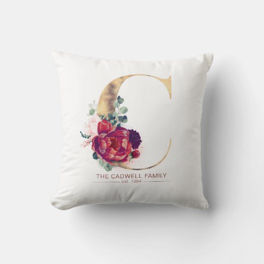 Gold Glitter C Monogram Floral Burgundy Red Kussen (Voorkant)