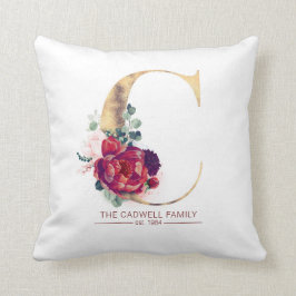 Gold Glitter C Monogram Floral Burgundy Red Kussen