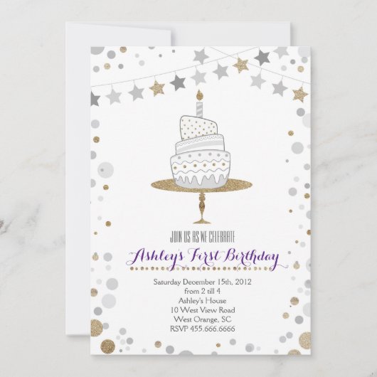 Gold Glitter Cake Birthday Invitation Kaart (Voorkant)