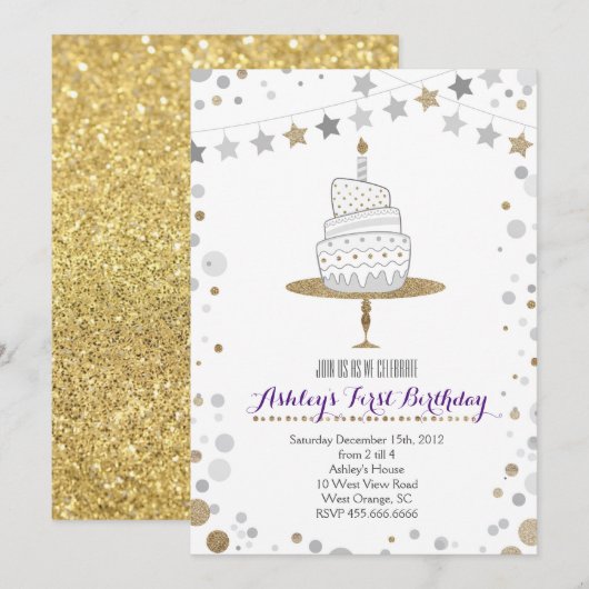 Gold Glitter Cake Birthday Invitation Kaart (Voorkant / Achterkant)