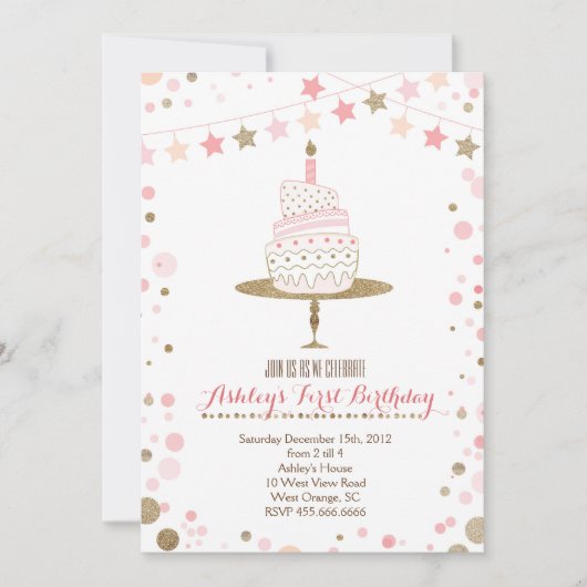 Gold Glitter Cake Birthday Invitation Kaart (Voorkant)