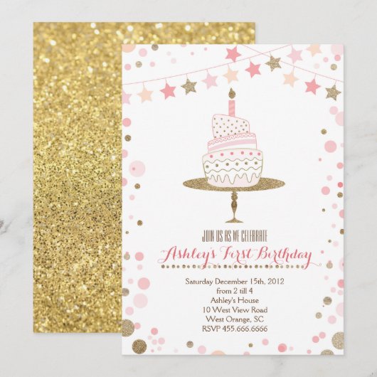 Gold Glitter Cake Birthday Invitation Kaart (Voorkant / Achterkant)