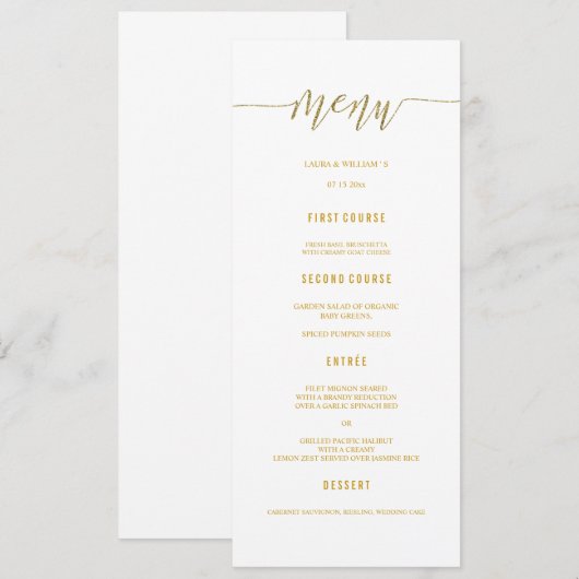 Gold Glitter Calligraphy Wedding Menu Dinner Cards (Voorkant / Achterkant)