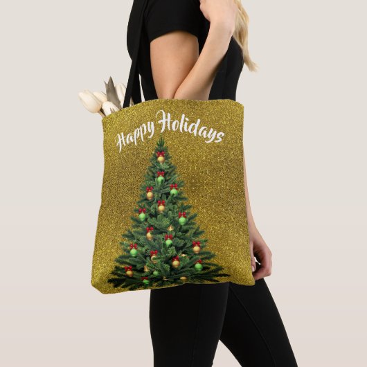 Gold Glitter-Canvas tas met kerstboom (Dichtbij)