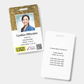 Gold Glitter Caregiver QR Barcode Foto ID Badge (Voor- en achterkant)