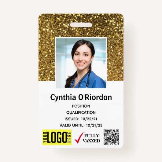 Gold Glitter Caregiver QR Barcode Foto ID Badge (Voorkant)