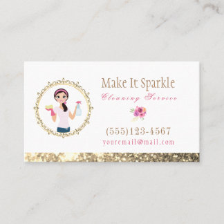Gold Glitter Cartoon Maid Cleaning Services Visitekaartje