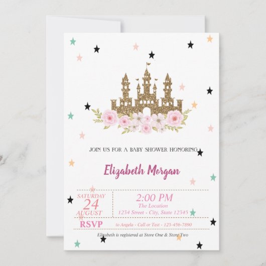 Gold Glitter Castle, Stars, Princess Baby shower Kaart (Voorkant)