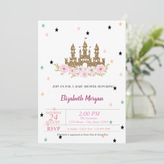 Gold Glitter Castle, Stars, Princess Baby shower Kaart (Staand voorkant)