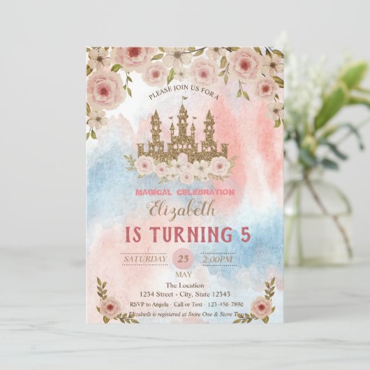 Gold Glitter Castle, Waterverf Splash Birthday Kaart (Staand voorkant)