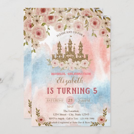 Gold Glitter Castle, Waterverf Splash Birthday Kaart (Voorkant / Achterkant)