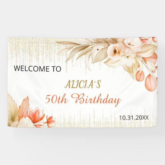 Gold Glitter Chain Yellow Orange Floral Birthday Spandoek (Horizontaal)