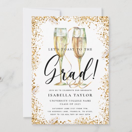 Gold Glitter Champagne Uitnodiging voor afstuderen (Voorkant)