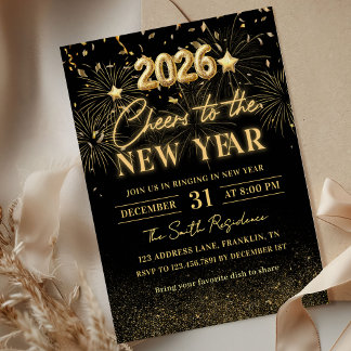 Gold Glitter Cheers to the New Year Invitation Kaart