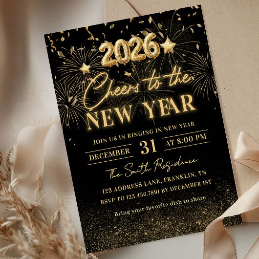 Gold Glitter Cheers to the New Year Invitation Kaart