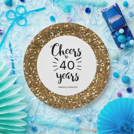 Gold Glitter Cheers tot 40 jaar Papieren Bordje (Feest)