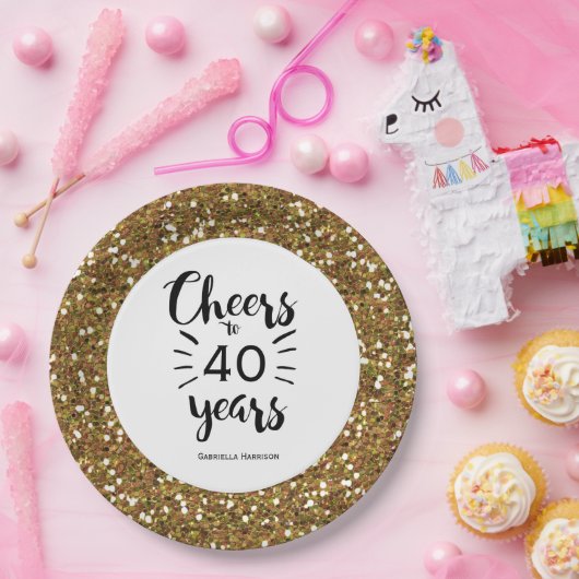 Gold Glitter Cheers tot 40 jaar Papieren Bordje (Feest)