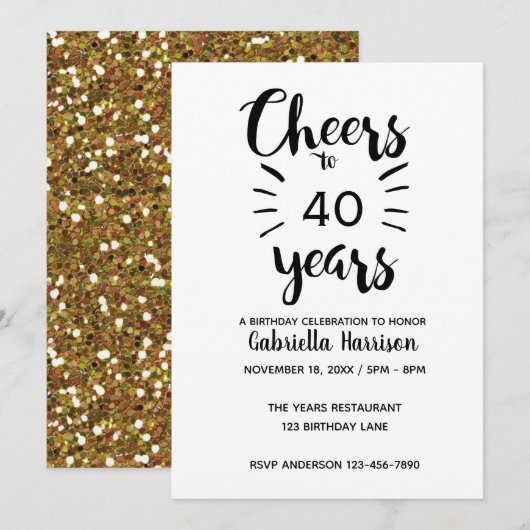 Gold Glitter Cheers tot 40e verjaardag Kaart (Voorkant / Achterkant)
