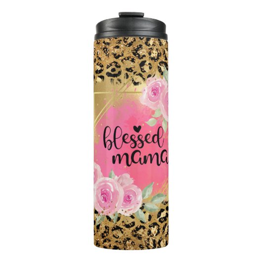 Gold Glitter Cheetah Print Blessed Mama Thermosbeker (Voorkant)