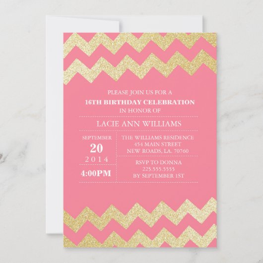 Gold Glitter Chevron Birthday Party | Roze Kaart (Voorkant)