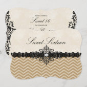 Gold Glitter Chevron & Damask Sweet16 Uitnodiging (Voorkant / Achterkant)