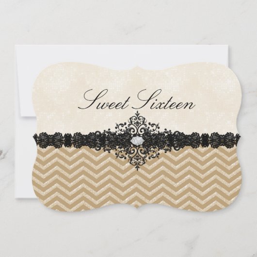 Gold Glitter Chevron & Damask Sweet16 Uitnodiging (Voorkant)