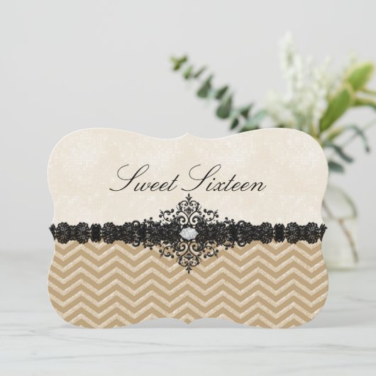 Gold Glitter Chevron & Damask Sweet16 Uitnodiging (Staand voorkant)