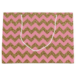 Gold Glitter Chevron Pattern op Roze Large Cadeautasje
