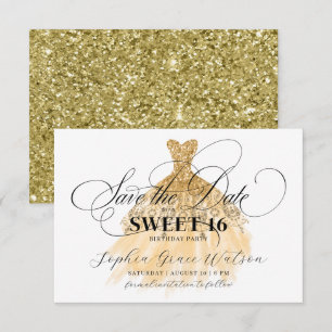 Gold Glitter Chic Dress Sweet 16 verjaardag Save The Date