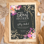 Gold glitter chic floral waterverf foto Sweet 16 Kaart<br><div class="desc">Een kikkerveer,  zomerroze,  paarse en oranje florale waterverf en goudglitter confetti typografie Sweet 16 verjaardag met handbeschilderde bloemen,  groene waterverf bladtakken met gouden geometrische terrariumkleuren op een donkere achtergrond,  perfect voor alle seizoensverjaardagsfeestjes,  voeg je foto aan de achterkant toe</div>