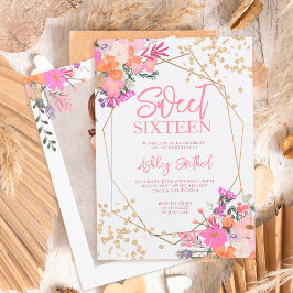 Gold glitter chic floral waterverf foto Sweet 16 Kaart