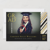 Gold Glitter Chic Stripes Foto Graduparty Kaart (Voorkant)