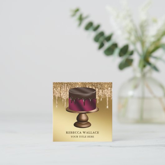 Gold Glitter Chocolate Burgundy Cake Bakery Vierkante Visitekaartje (Staand voorkant)
