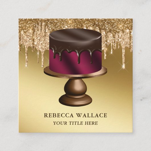 Gold Glitter Chocolate Burgundy Cake Bakery Vierkante Visitekaartje (Voorkant)
