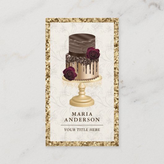 Gold Glitter Chocolate Cake Pastry Chef Bakery Visitekaartje (Voorkant)