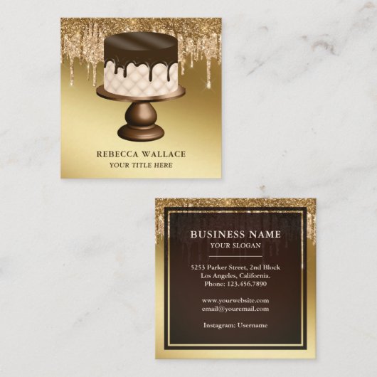 Gold Glitter Chocolate-schijven Icking Cake Bakery Vierkante Visitekaartje (Voorkant / Achterkant)