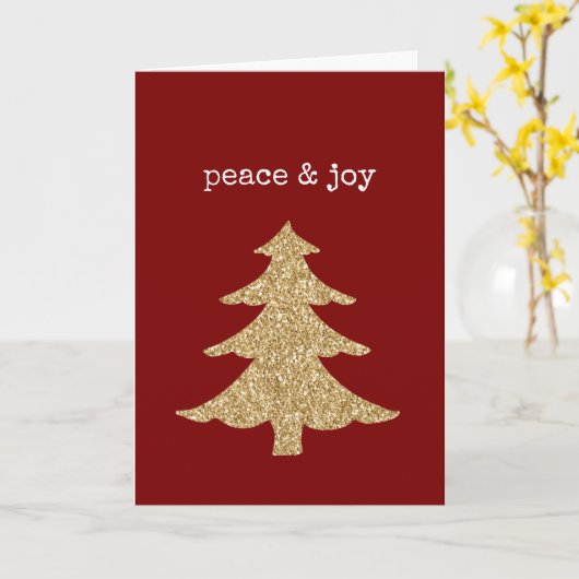 Gold Glitter Christmas Tree Red Peace Joy Kaart (Gele Bloem)