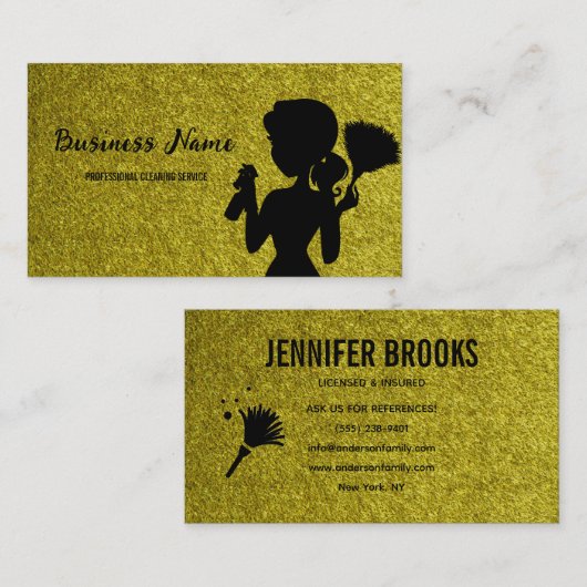 Gold Glitter Cleaning Service Housekeeper Maid Visitekaartje (Voorkant / Achterkant)