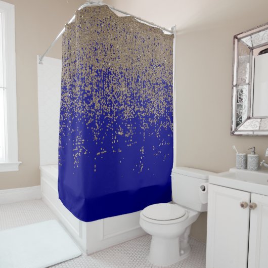 Gold Glitter Cobalt Blue Gradient Ombre Confetti Douchegordijn (In situ)