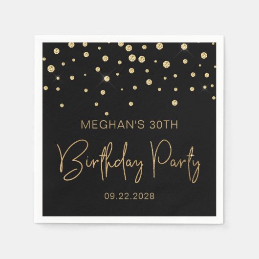 Gold Glitter Confetti 30th Birthday Party Black Servet (Voorkant)