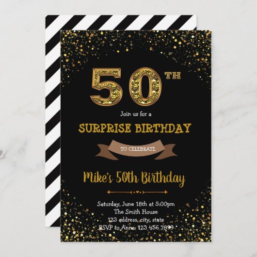 Gold glitter confetti 50e verjaardag uitnodiging (Voorkant / Achterkant)