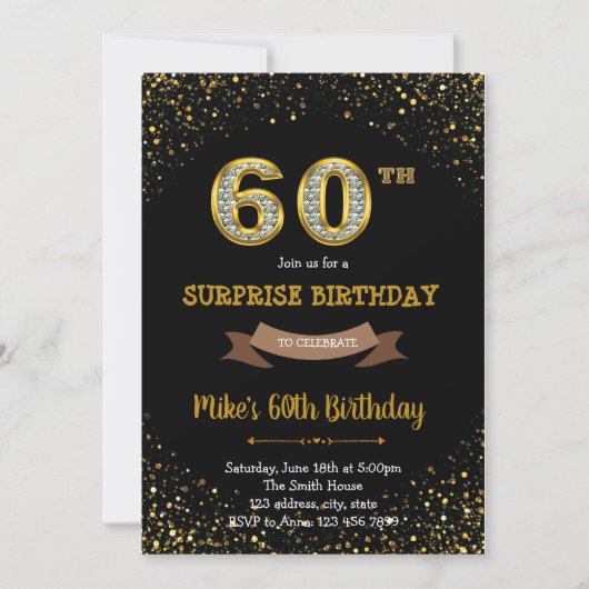 Gold glitter confetti 60e verjaardag uitnodiging (Voorkant)