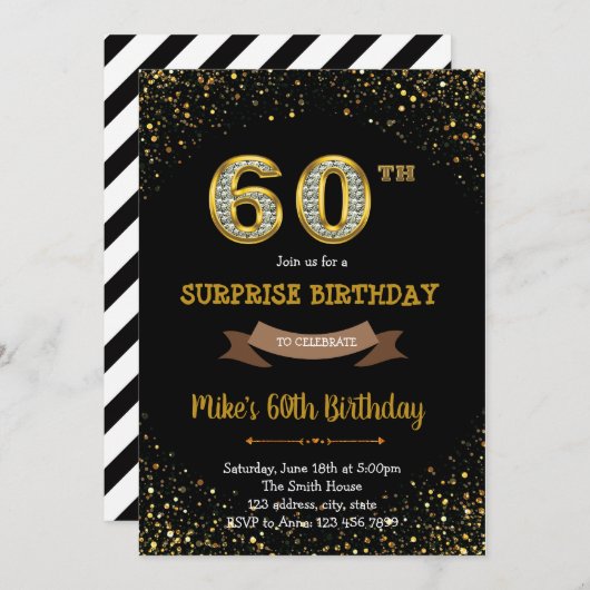 Gold glitter confetti 60e verjaardag uitnodiging (Voorkant / Achterkant)