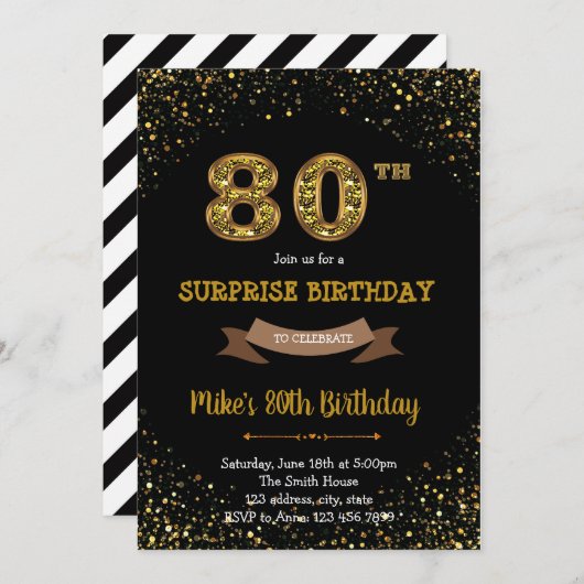 Gold glitter confetti 80e verjaardag uitnodiging (Voorkant / Achterkant)