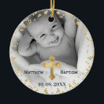 Gold Glitter Confetti Baby Baptisme Foto Keramisch Ornament<br><div class="desc">Gold Glitter Confetti Baby Christening en Baptisme Ornament met dubbele foto. Pas 2 horizontale of vierkante foto aan.</div>